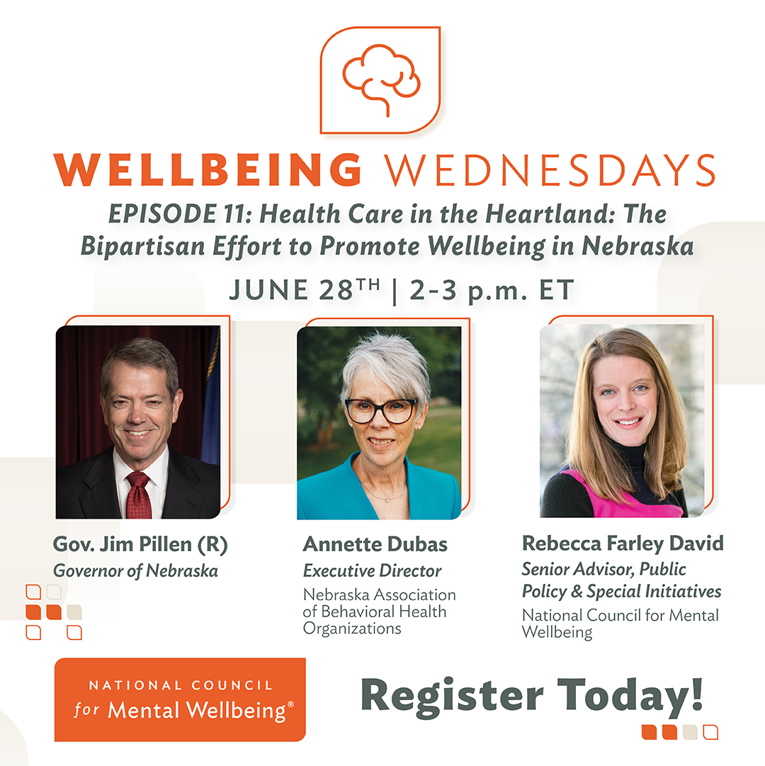 Wellbeing Wednesdays Episode 11 graphic showing Gov. Jim Pillen, Annette Dubas and Rebecca Farley David