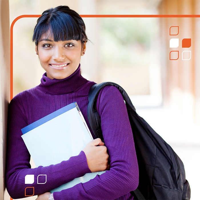 smiling young woman in purple with a backpack and schoolbooks