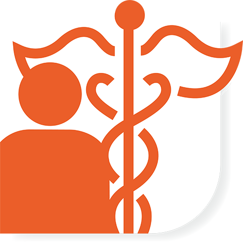 orange icon showing an abstract human figure next to the caduceus medical symbol