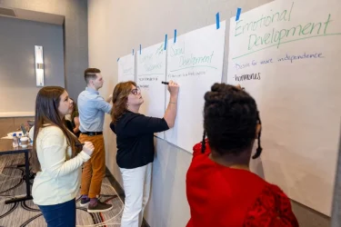 participants at a substance use course write on a whiteboard
